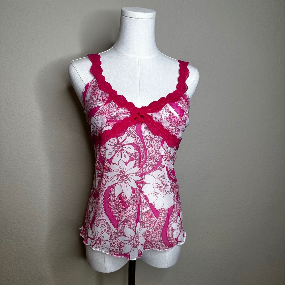 Y2K Old Navy Pink Floral Paisley Mesh Camisole Lace Trim‎ Lettuce Edge Top Large
